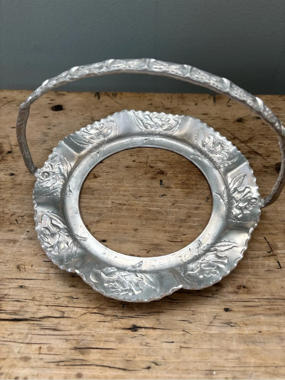 Vintage Hand Wrought Aluminum Handled Basket w/ Clear Etched Glass Covered Dish